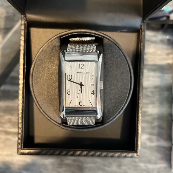 Burberry Silver Rectangular Watch with Mesh Band